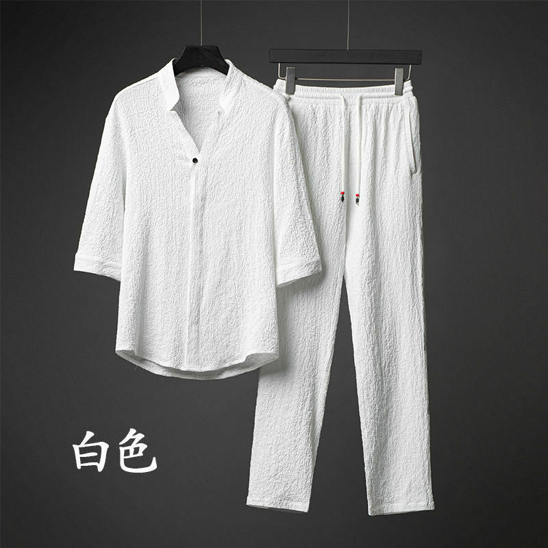 Costume d'été de la dynastie Han et Tang pour hommes, super manches cinq quarts, soie glacée, lin, coton et lin, deux pièces, grand, ample, moyen, sl