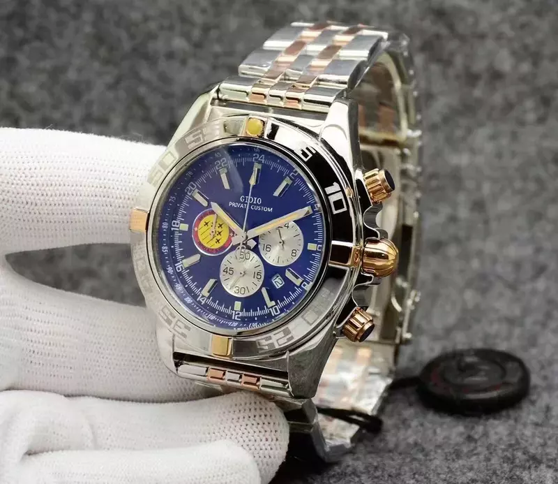 Luksusowy nowy męski zegarek kwarcowy z chronografem Pasek ze stali nierdzewnej Srebrny Czarny Niebieski Różowe złoto Sportowe szkło szafirowe