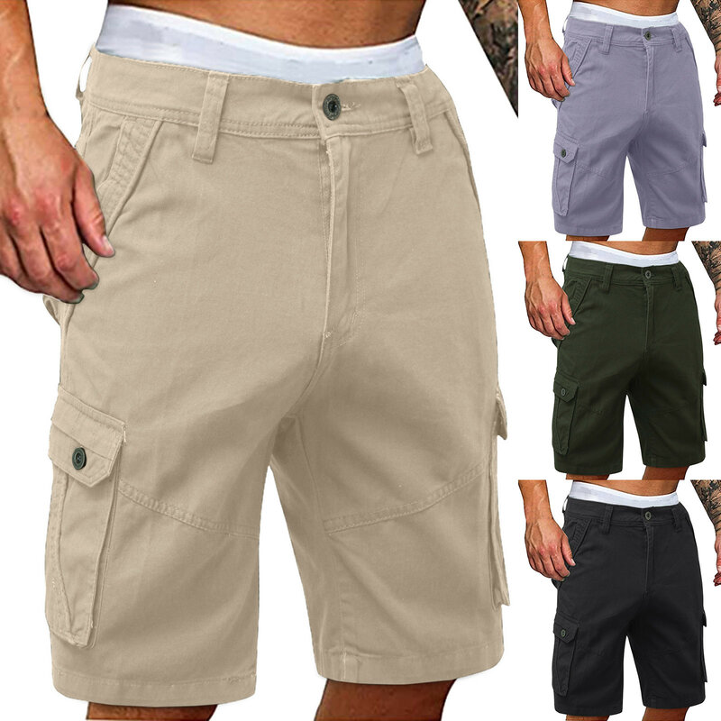 Fashion Men'S Casual Cargo Shorts Multi Pocket Cotton Beach Pants Solid Color Sport Pants Man Cargo Short Pants Outwear Trousers