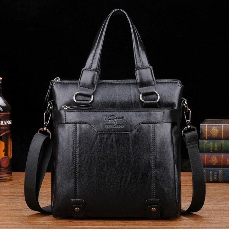 Vintage Men's Zipper Briefcase Business PU Leather Executive Handbag Large Capacity Shoulder Messenger Bag Male Laptop Bag