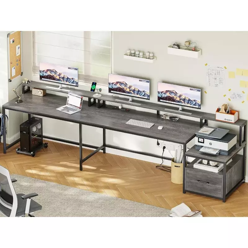 Офисный стол L-образный, домашний офисный стол 66 дюймов с ящиком для файлов и розеткой, игровой стол со светодиодной подсветкой, угловой компьютерный стол
