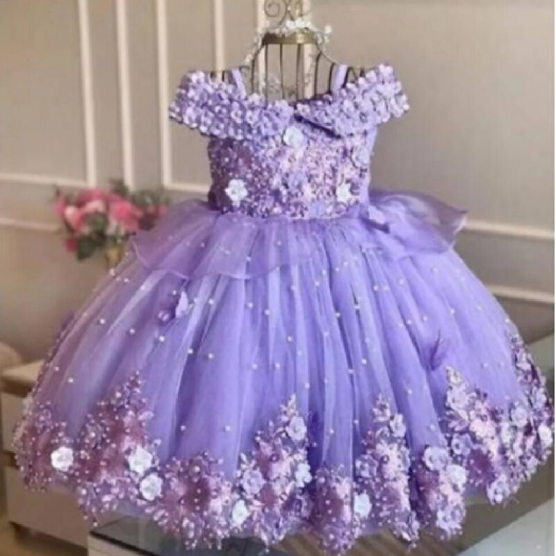 Blue Baby Girl Dress Tulle Flower Pearl Butterfly Girl Dress Off Shoulder For Wedding Birthday Party First Communion Gowns