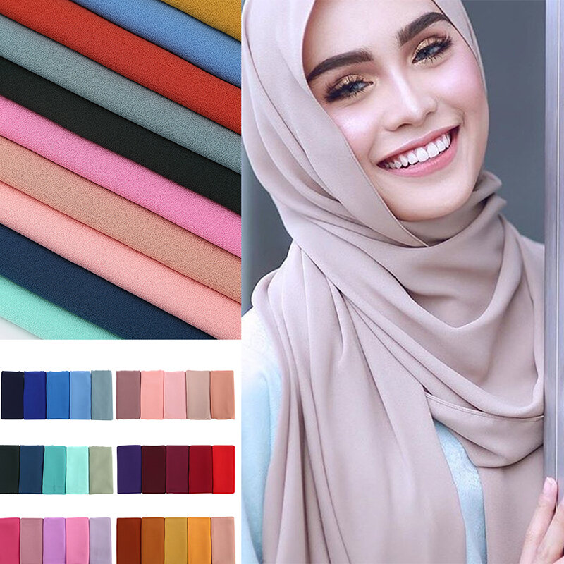 Syal jilbab sifon Muslim kualitas tinggi syal wanita warna Solid pembungkus kepala wanita hijab syal Foulard kerudung wanita Muslim