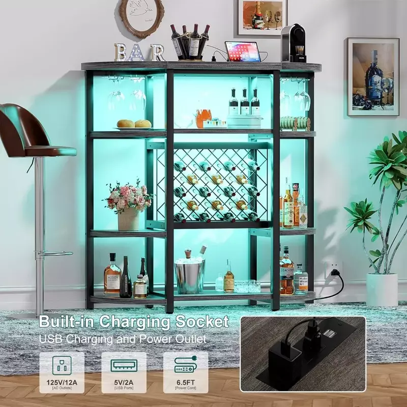 Farmhouse Bar Cabinet com Autônomo Wine Rack, Home Kitchen Wine Bar Cabinet com luzes LED e Power Outlets