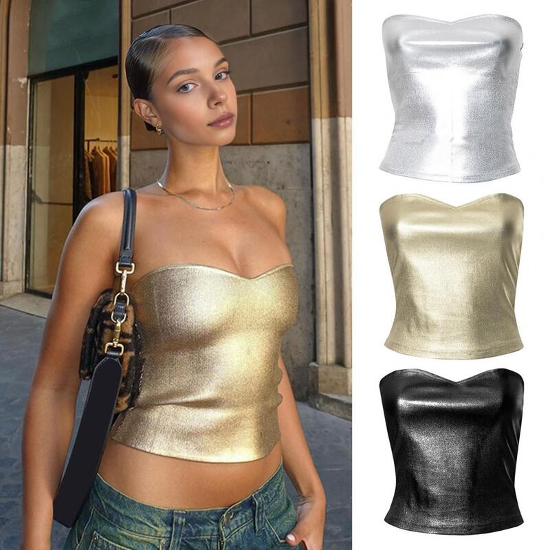 Sexy Bandeau Tops Women Hot Stamping Slim Fit Tube Tops Strapless Sleeveless Solid Color Casual Navel-Baring Blouses Club Wear