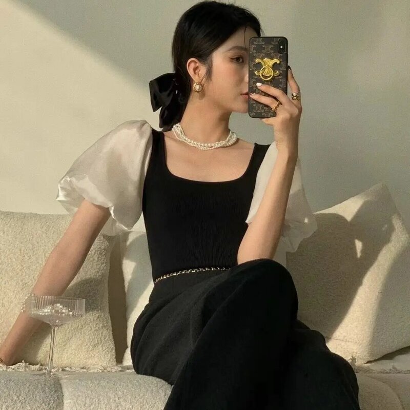 Camicetta Vintage coreana donna Sexy colletto quadrato camicie con maniche a sbuffo primavera estate Slim Crop top Blusas francese