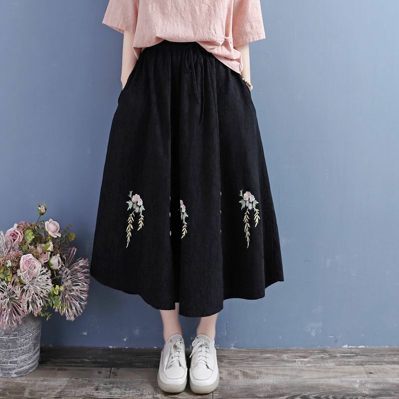 Faldas Vintage de lino y algodón para mujer, falda de estilo chino Retro con abertura bordada, cintura con cordón, línea A