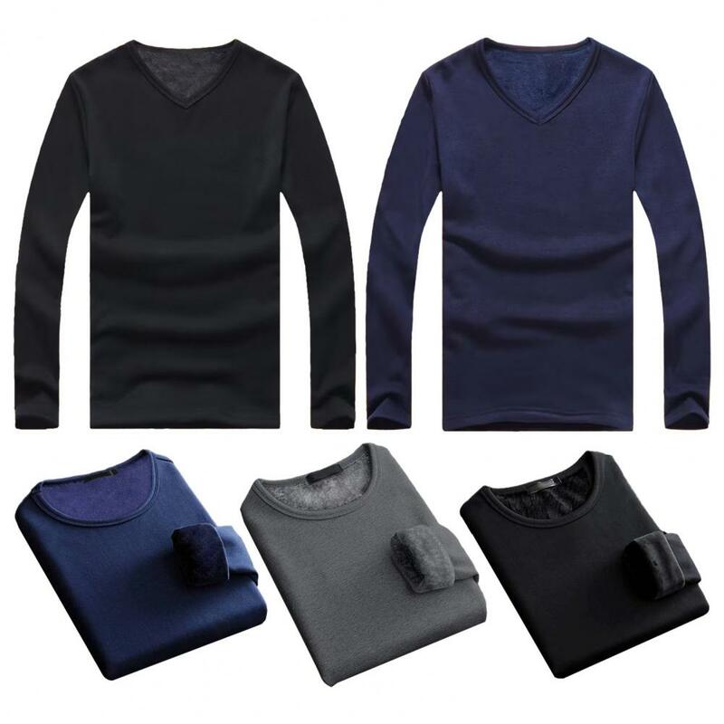 Camisa de manga comprida elástica masculina, roupa interior grossa, velo térmico, gola O, quente, pelúcia, outono, inverno