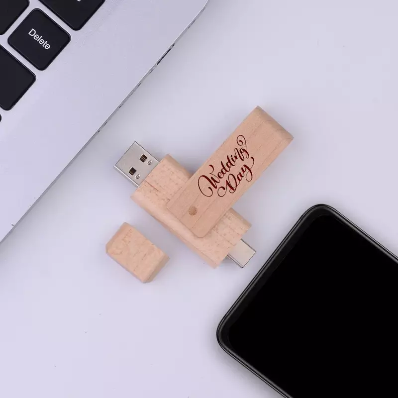 JASTER-Rotatable USB 3.0 Flash Drives, Memory Stick de madeira, Pen Drive, Logotipo personalizado gratuito, Presentes, TYPE-C, 128GB, 64GB