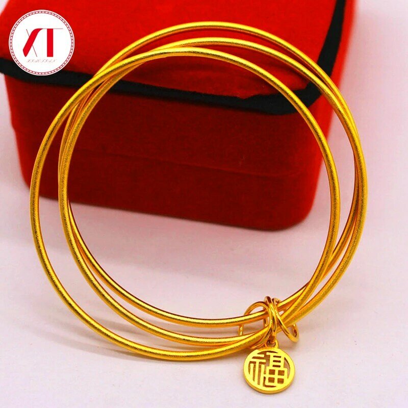 Fashion Plated 24K Gold Multi Layers Bracelet Three Round Sand Gold Circle Lucky Blessing Bangle for Women Ladies Jewelry Gifts