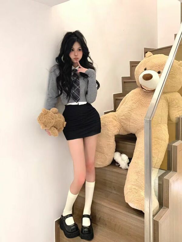 Korean Academy Style Set Wrapped Hip Dress Fashion Y2k Style Long Sleeve Shirt Three Piece Set Girl Sweet Hot Jk Uniform Set