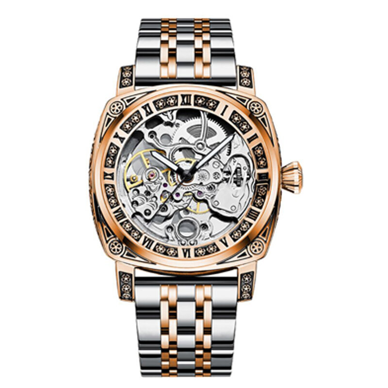 Square Hollowed Tourbillon Mechanical Watch Men Waterproof Skeleton Automatic Mens Watches Steel Rose Gold Relogio Masculino New