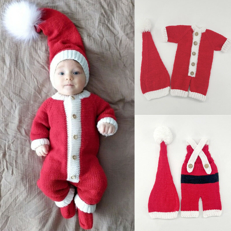 1 Set Christmas Baby Studio Photo Shooting Costumes Knitted Warm Christmas Hat+Romper Suit for Newborn Holiday Party Outfit