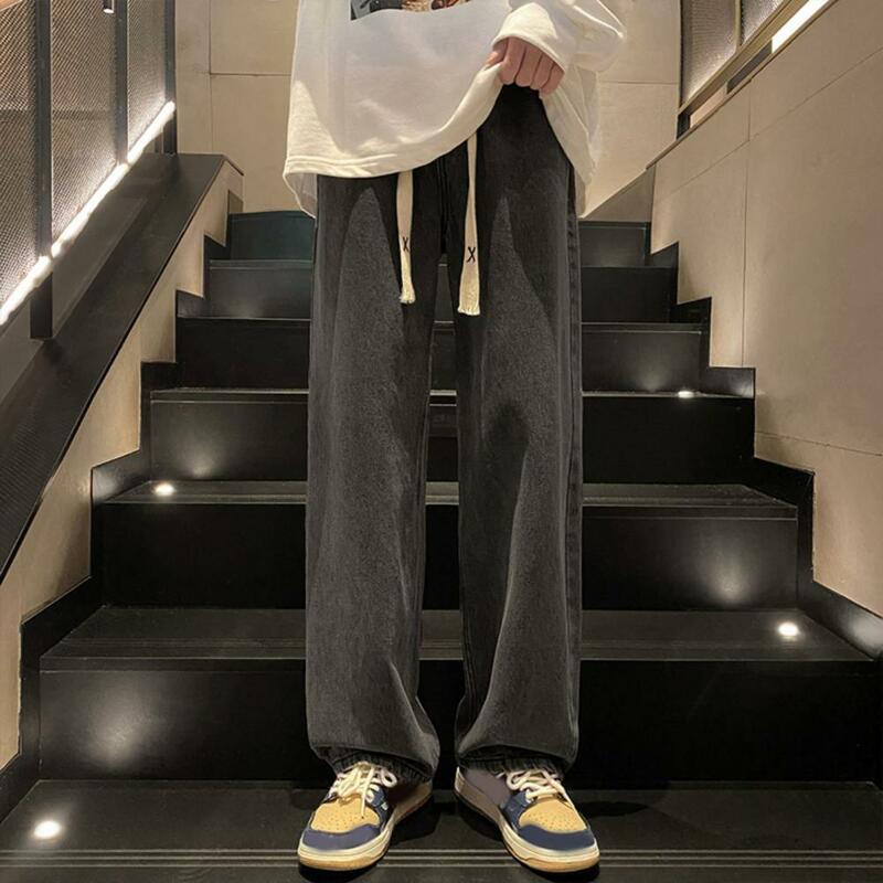 Джинсы мужские на шнурке со средней посадкой, однотонные тонкие прямые широкие брюки из денима в стиле хип-хоп, с несколькими карманами, уличная одежда