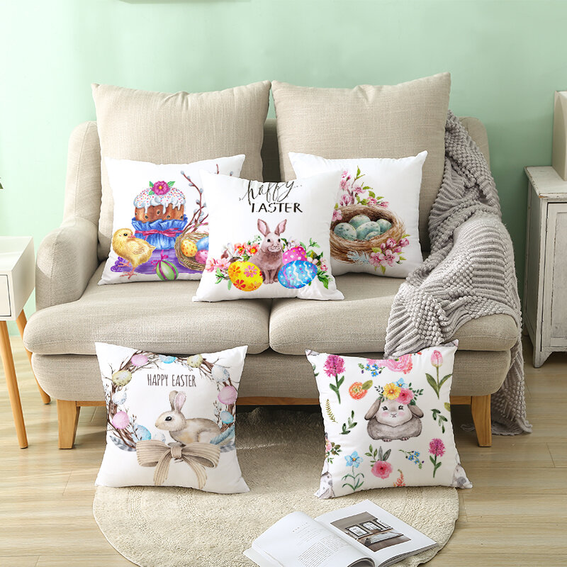 Easter Pillowcase Cartoon Printing Rabbit Egg Sofa Pillowcase Peach Skin Bedside Cushion Fairy Tale Animal Pillow Covers Decor