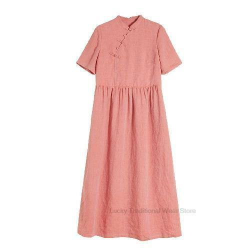 Chinese Style women's Retro Buckle Cotton Linen Short Sleeved Dress Loose And Thin Linen Oriental Style a-line Cheongsam Dress