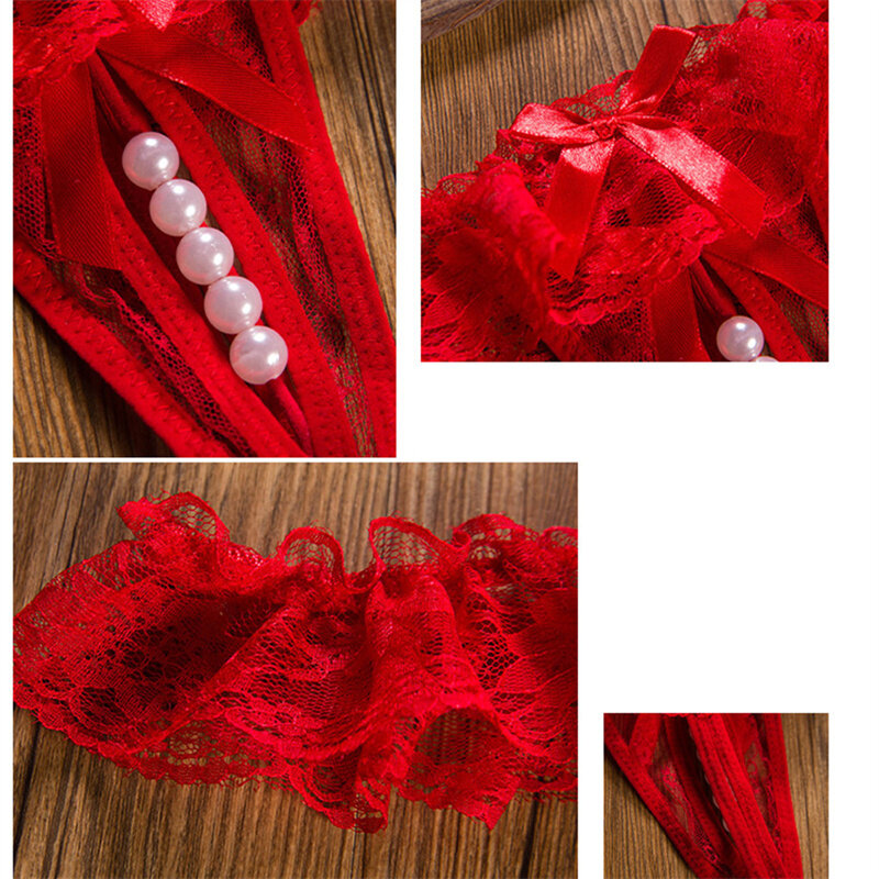 Culotte Sexy en gaze pour femmes, sous-vêtements en dentelle avec perles, taille basse, string féminin, slip de tentation