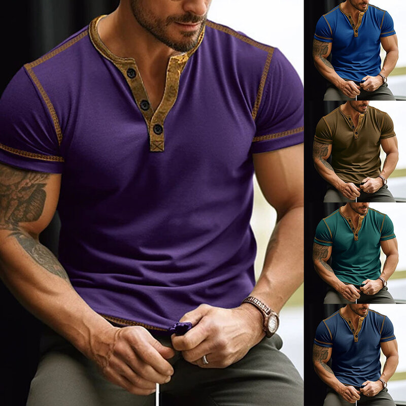 Hot New Stylish Top Top Fitness Henley Men Mens Muscle Polyester Pullover Regular Short Sleeve Slim Tee Brand New