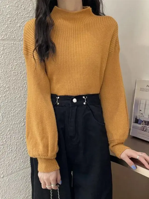 Sweter rajut wanita lengan lampion serbaguna gaya Korea sweter Pullover warna polos kerah setengah tinggi dasar baru