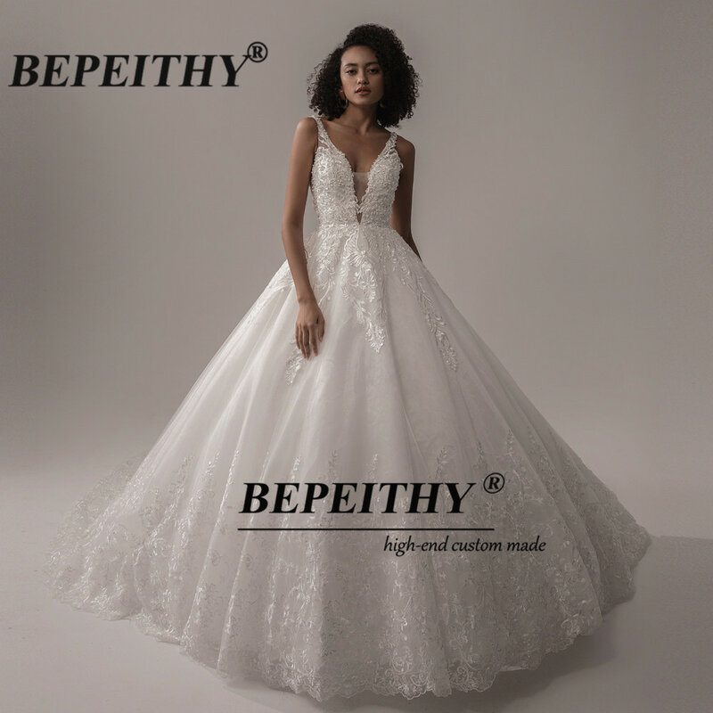 BEPEITHY Deep V Neck Lace Wedding Dress 2022 For Women Indian Bride Princess Ivory Bridal Bouquet Gown Sleeveless Court Train
