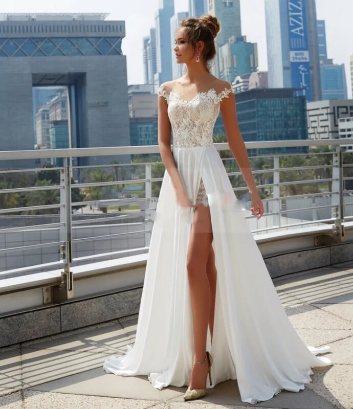 Sheer O-Neck Boho Wedding Dress Cap Sleeves Lace Appliques Women A-Line Floor-Length Beach Bridal Gown Vestidos de novia 2024
