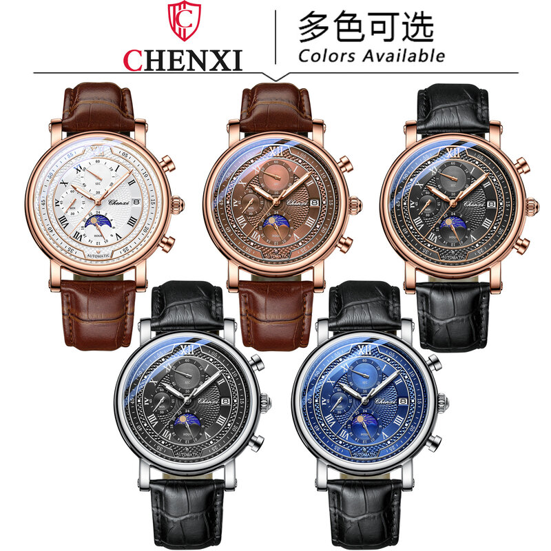 Chenxi arloji kuarsa bercahaya pria, jam tangan bisnis Chronograph tanggal 976 fase pengaturan waktu bulan untuk pria