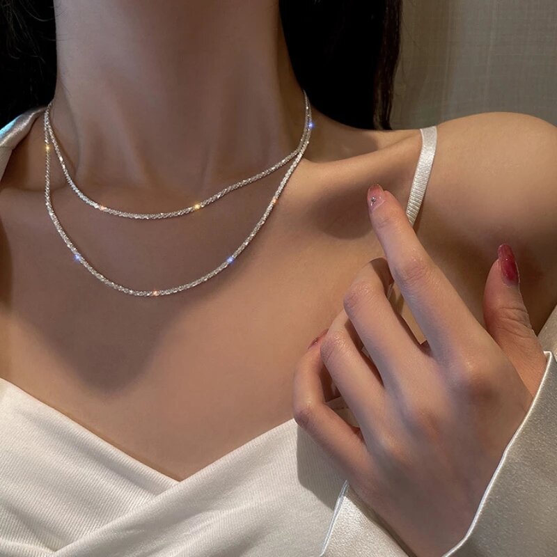Kalung Berkilau Populer untuk Wanita Kalung Rantai Klavikula Perhiasan Mode Hadiah Pesta Pernikahan Ulang Tahun