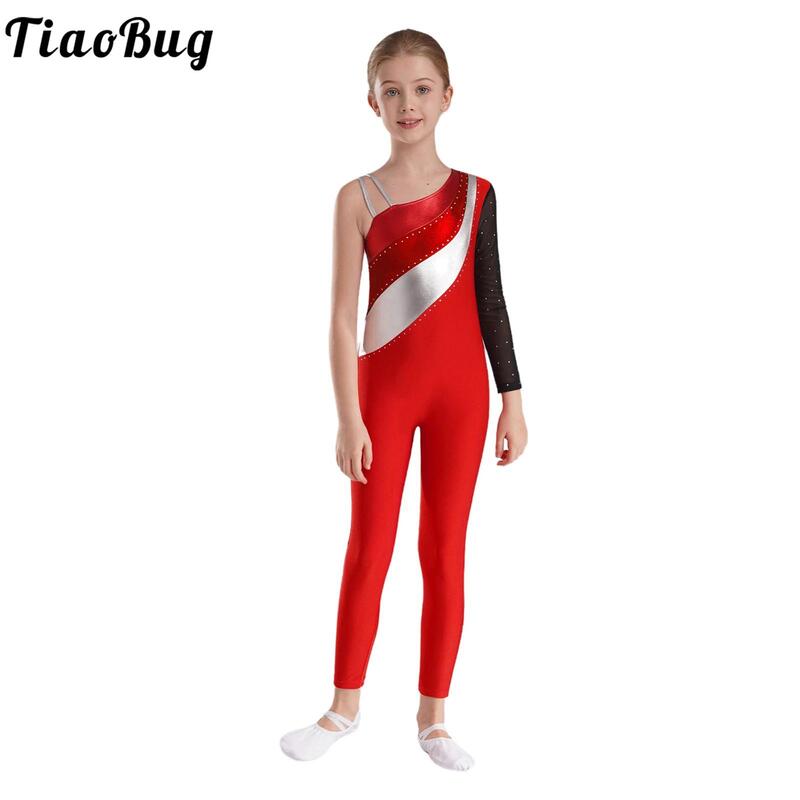 Tiaobug-女の子のためのダンスボディスーツ、長袖ジャンプスーツ、ワンショルダー、対照的な色の体操、フィギュアのパフォーマンス、子供