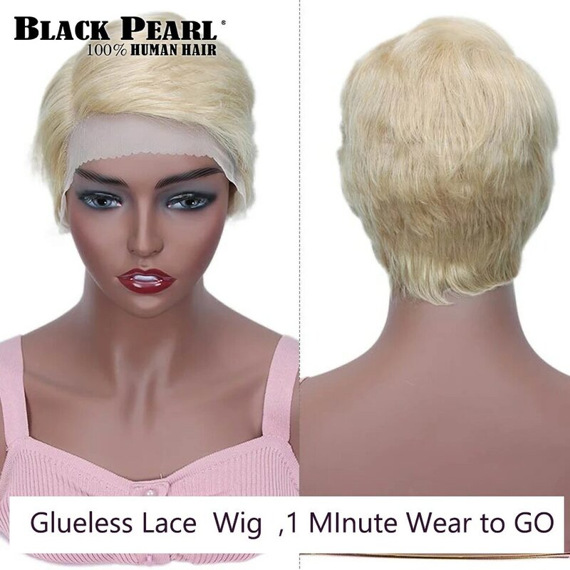 Peluca de cabello humano ondulado para mujer, pelo corto Bob Pixie corto con encaje en T, Color rubio miel 613 sin pegamento, prearrancado Natural