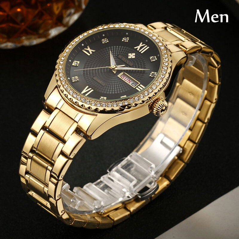 Relógio de quartzo em aço inoxidável para homens e mulheres, par par par relógio diamante e ouro, marca superior, luxo, presentes amante, moda