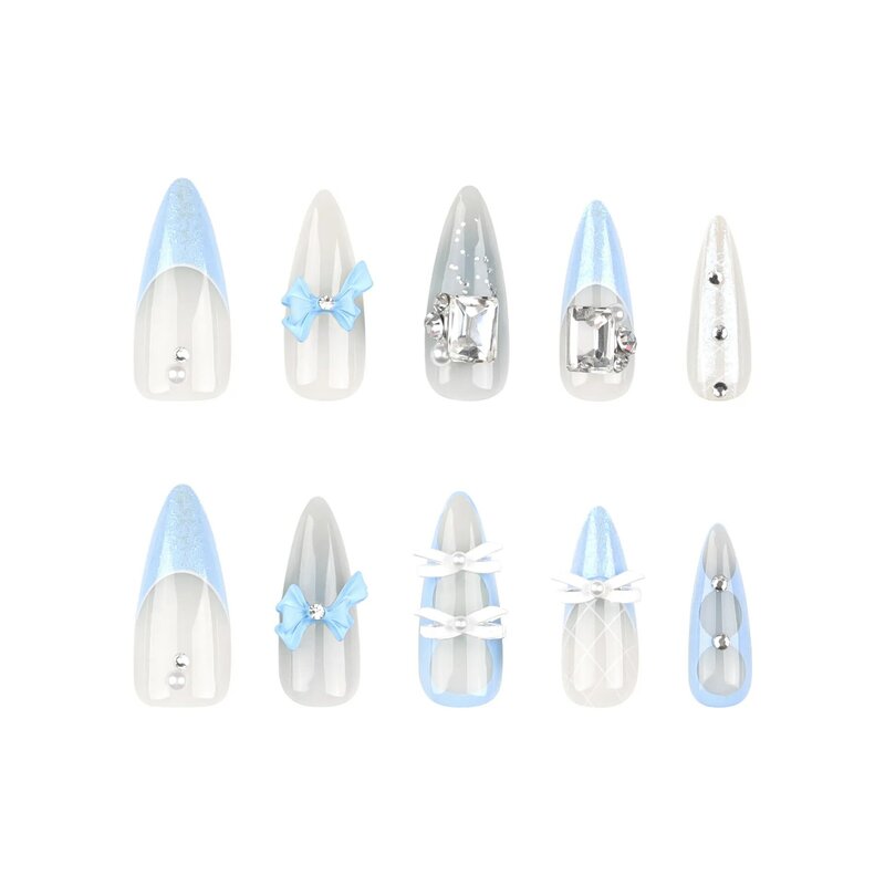 24 buah tekan biru Perancis pada kuku dengan 3D busur berlian imitasi desain ujung kuku palsu untuk wanita wanita dapat digunakan Ins kuku palsu manis
