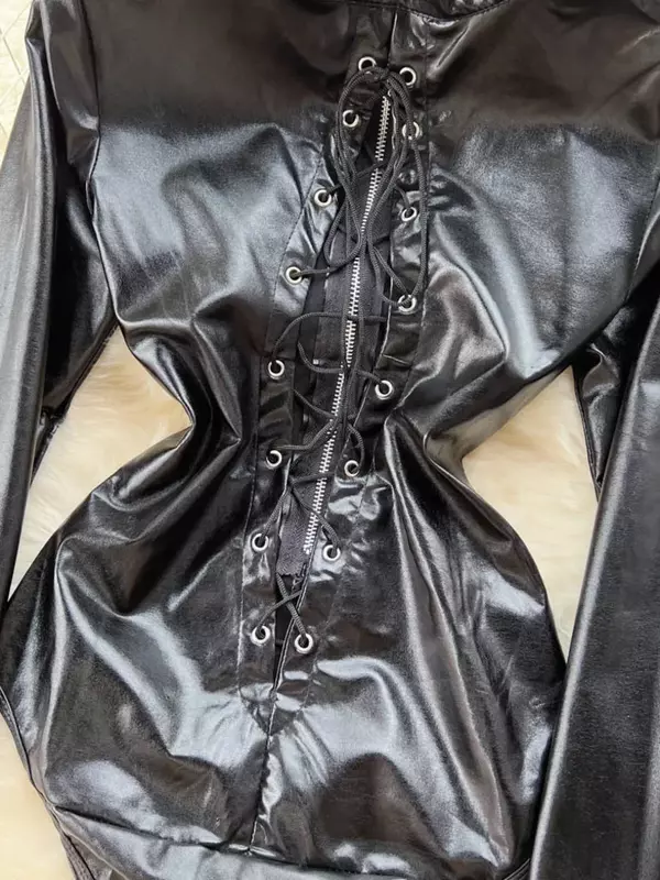 SSTss-feminino preto PU couro Stand colarinho bodysuits de manga comprida, sexy com cordões escavar o corpo tops, magro, clube, festa, elegante