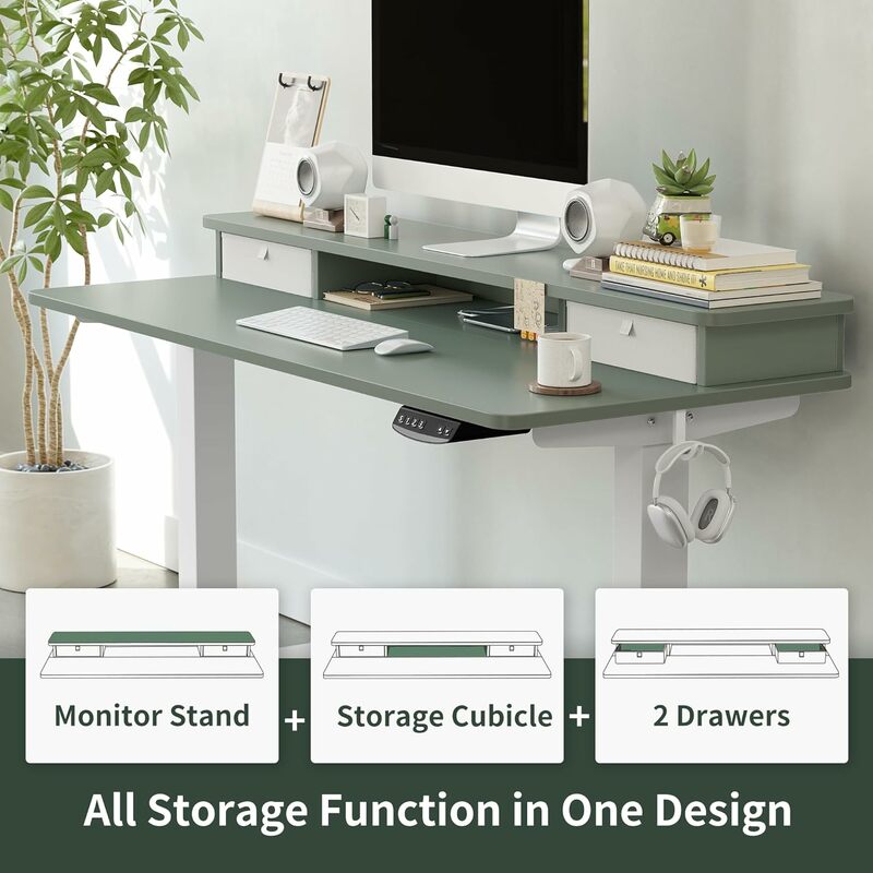 60x24 calowy regulowany stojące biurko elektryczny, podwójne szuflady, stojące biurko, stojak do przechowywania, biurko do siedzenia, zielony