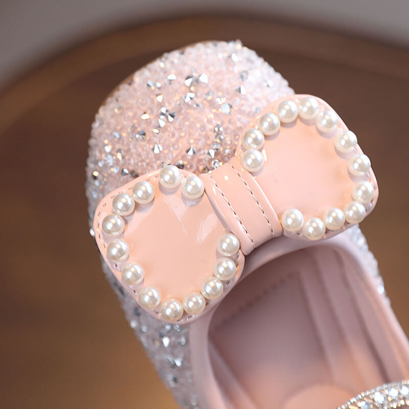 Zapatos planos de lentejuelas para niños y niñas, calzado de princesa con diamantes de imitación plateados, gorrito de tesoro, rosa, TPC112
