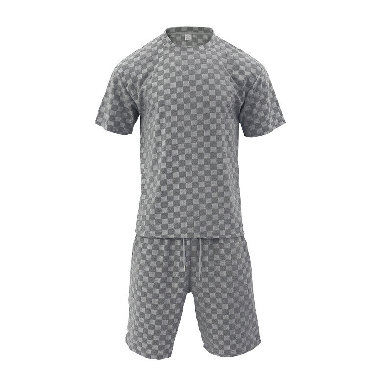Men's Sports Suit Summer New Korean High Street Jacquard Plaid T-shirt Shorts Two-piece Set Male Casual Retro Loose O-neck Top