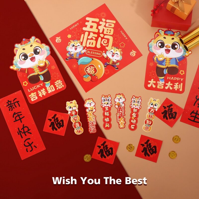 34Pcs Chinese New Year Couplets Decals Set Spring Festival Decor with Chunlian Year of Dragon Door Stickers Character Ornaments