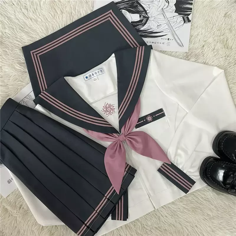 JK 유니폼 세트 일본 대학 스타일, 귀여운 긴 반팔 세일러 세트 플리츠 스커트, 패션 교복
