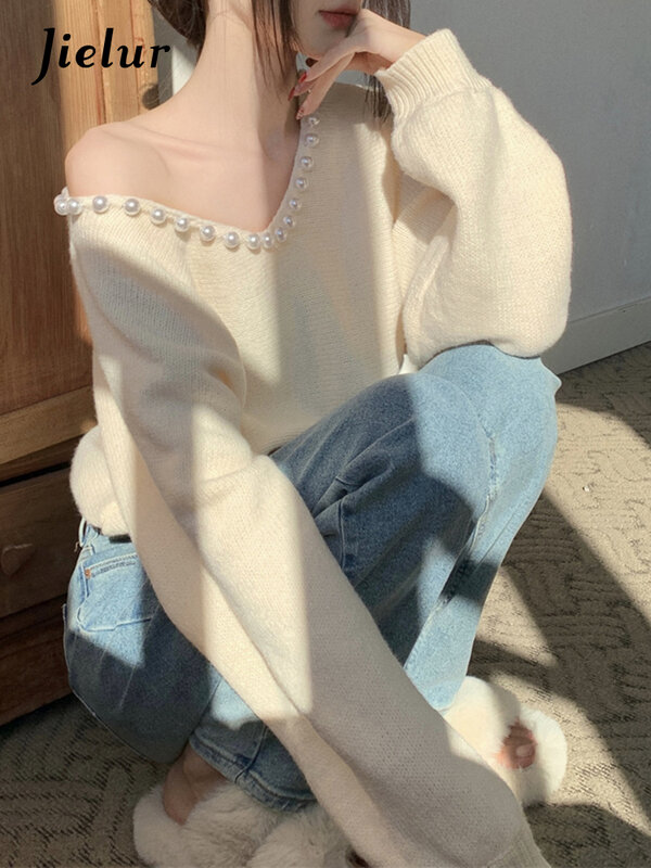 Jielur Autumn New Loose Casual Pullovers Woman Solid Sweet Knitted Pullovers Women White Korean Street Fashion Pullovers Female