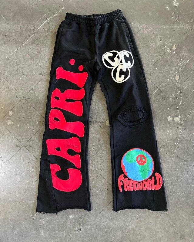 Pantaloni a gamba larga ricamati Hip-hop di strada americana pantaloni larghi Casual lavorati a maglia da uomo di marca di moda di strada alta