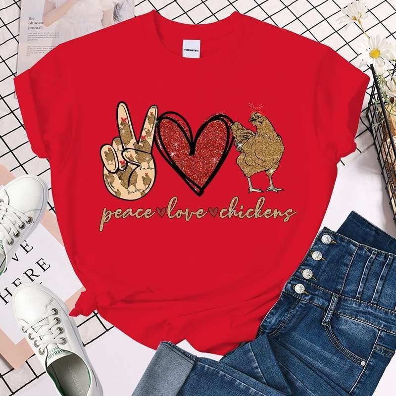 여성용 귀여운 Peace Love 닭 프린트 티셔츠, 반팔, 재미있는 라운드넥 티셔츠, 캐주얼 여름 상의