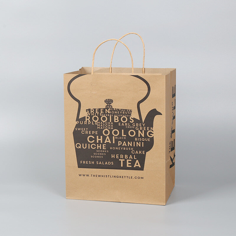 Customized product、custom printed white brown shopping kraft paper bag with handle restaurant carry out to go bag fast