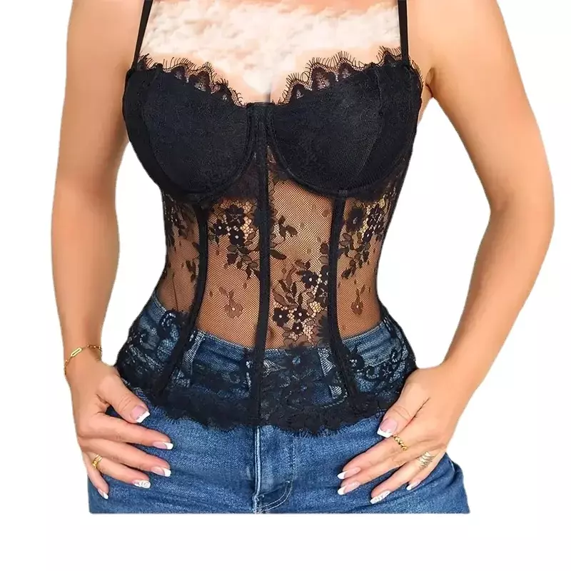 New explosive European and American spice girls sexy lace perspective fishbone eyelashes slimming vest woman
