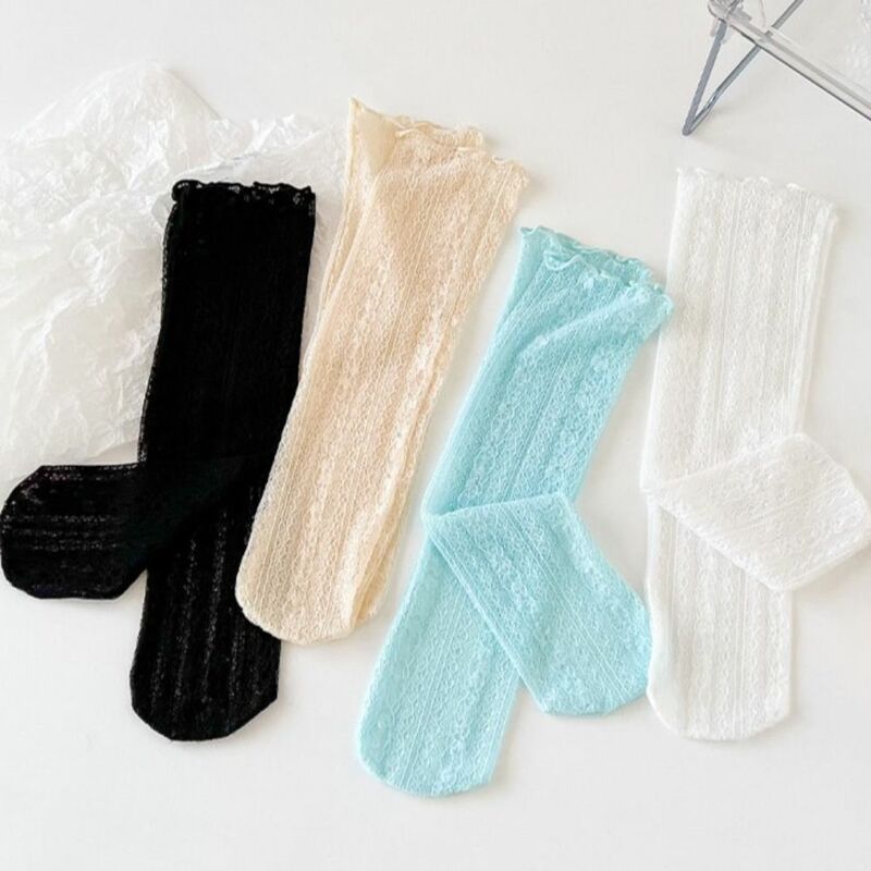 Wearproof Transparent Thin Refreshing Breathable Mesh Korean Lace Socks Cotton Flower Print Hosiery Women Translucent Socks