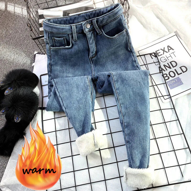 Зимние Утепленные теплые облегающие джинсовые брюки-карандаш из овечьей шерсти корейская мода облегающие Стрейчевые женские повседневные брюки