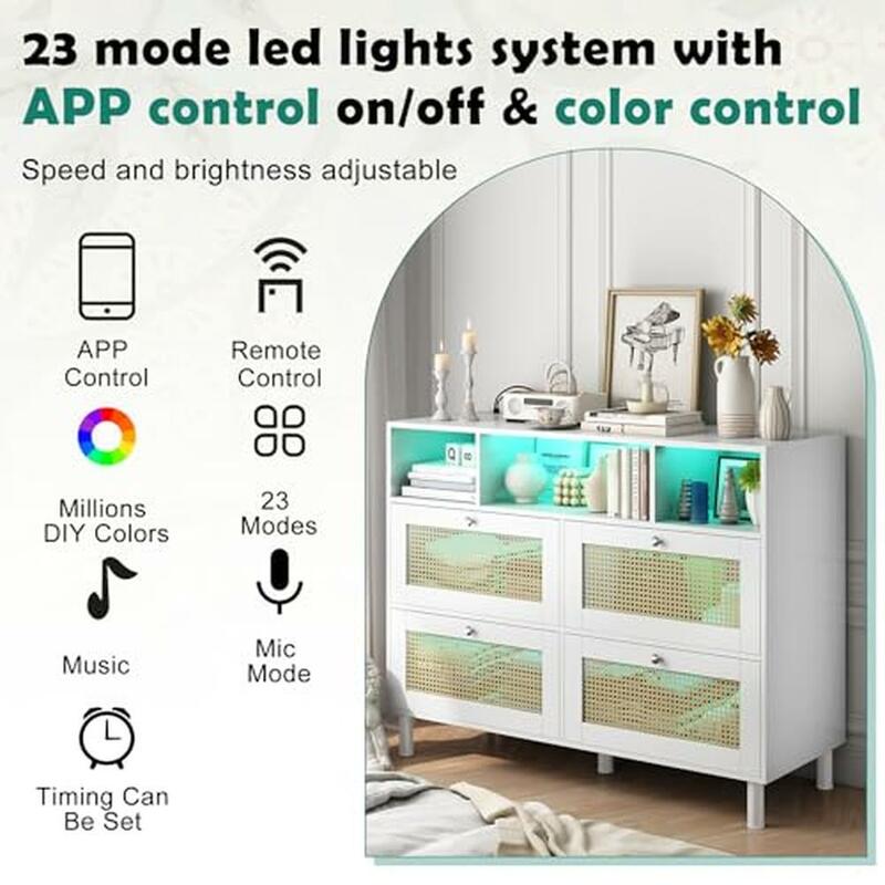 Rattan Aparador Cabinet com Luzes LED Inteligentes, Cozinha De Armazenamento, Buffet Organizador, 47"