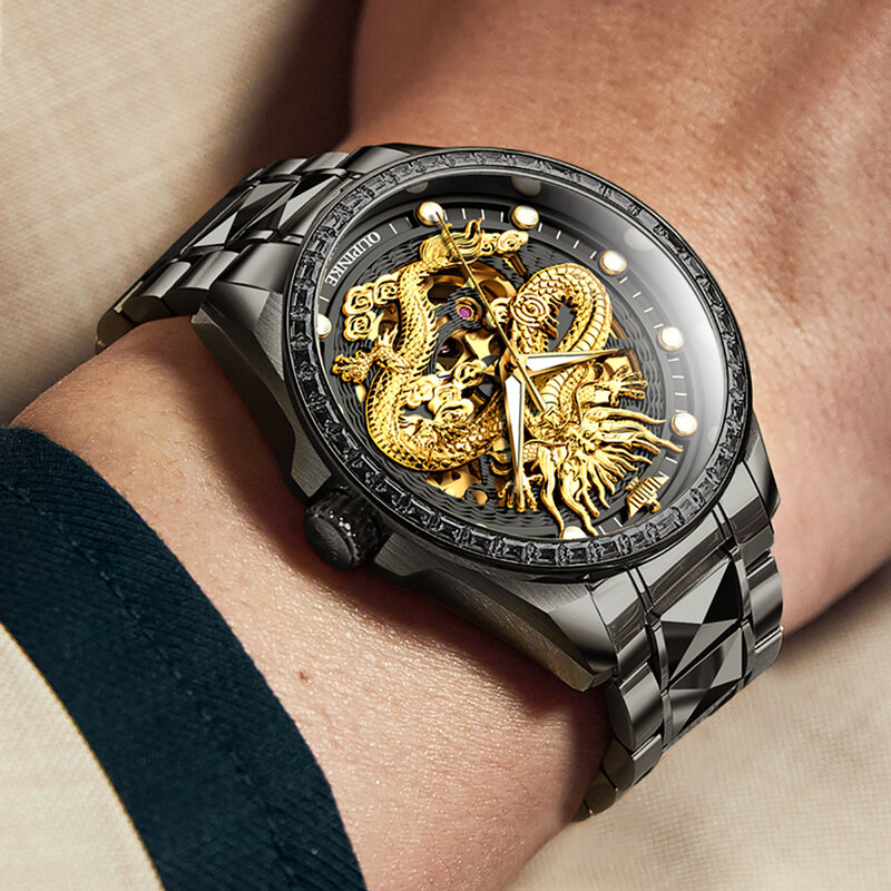 Asli OUPINKE jam tangan otomatis untuk pria bermerek mewah naga emas jam tangan Skeleton berlian kualitas tinggi jam tangan mekanis