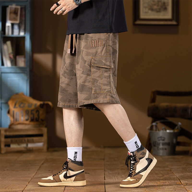 Pantalones cortos de camuflaje para hombre, Bermudas de algodón elástico con cordón, ropa de trabajo, informales, rectos, sueltos, verano, 8XL