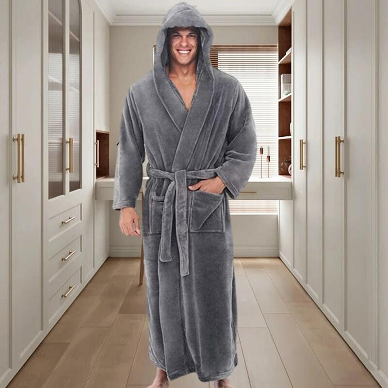 Plush Hooded Bathrobe Plush Bathrobe Super Soft Fluffy Men's Hooded Bathrobe with Adjustable Belt Highly Absorbent Solid Color