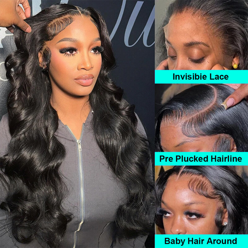 Peruca de cabelo humano transparente do laço para mulheres negras, perucas frontais HD, onda do corpo, pré arrancada com cabelo do bebê, macia, 4x4, densidade de 200%, 360