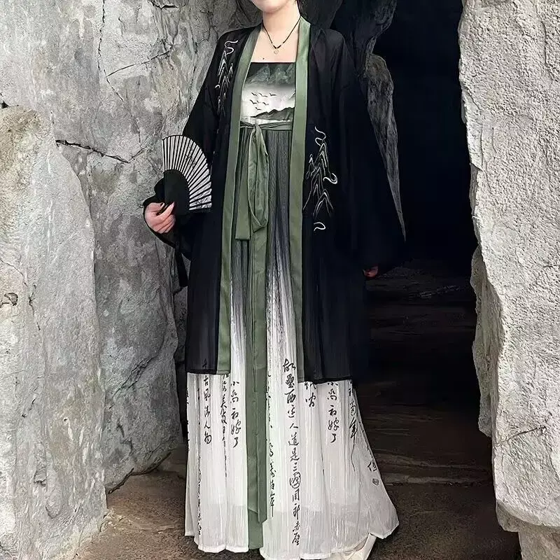 Vestido de Hanfu tradicional chino antiguo para mujer, disfraz de Halloween con estampado degradado, abrigo + vestido, 2 piezas, talla grande